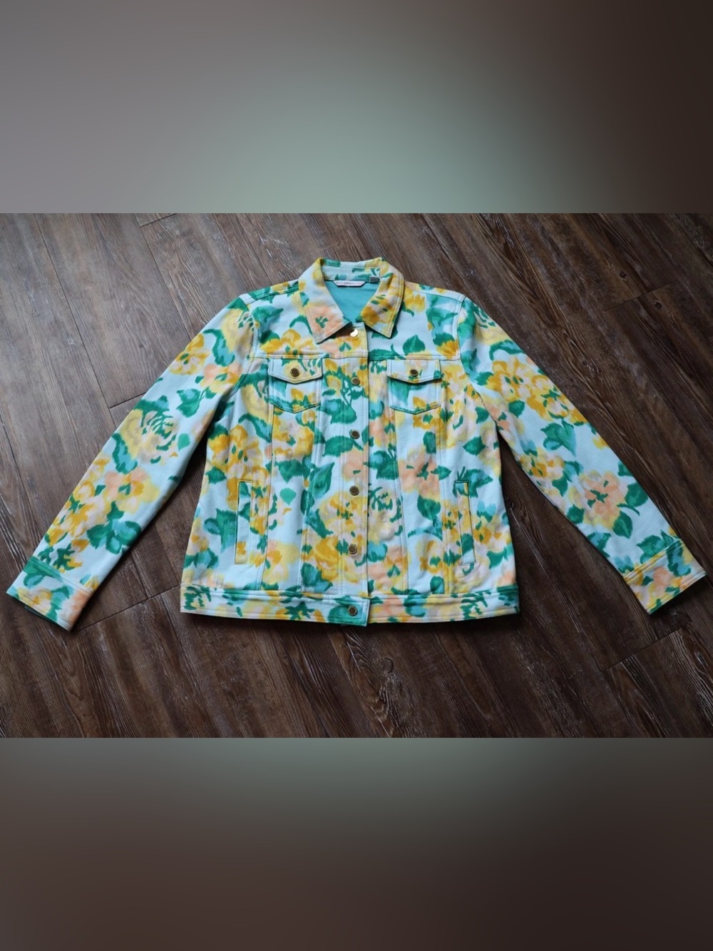Watercolor Floral Jacket Cottagecore Garden Gold Snap Front Dual Pockets Women M